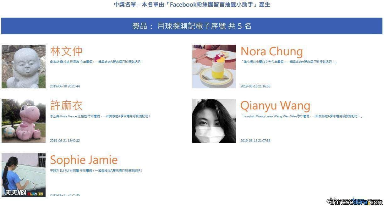 「哆啦A夢中文網 X 大雄的月球探測記 電影贈票來囉！」得獎名單