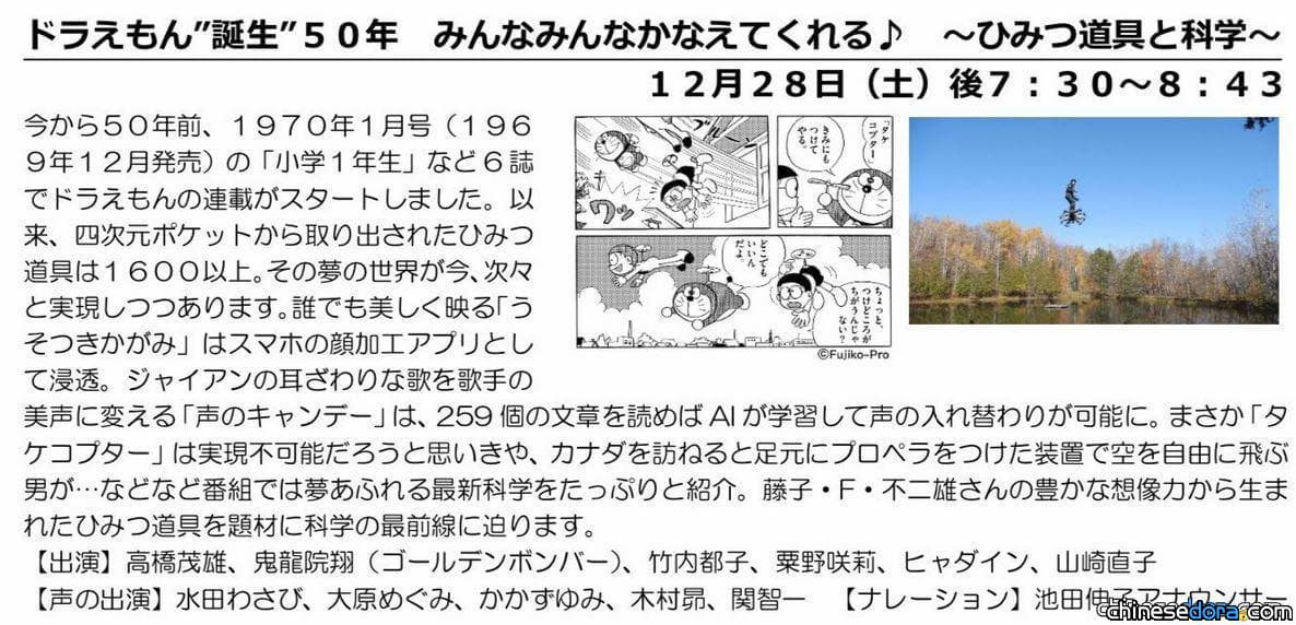[日本] 慶《哆啦A夢》誕生50週年！NHK年底特別節目談「秘密道具與科學」